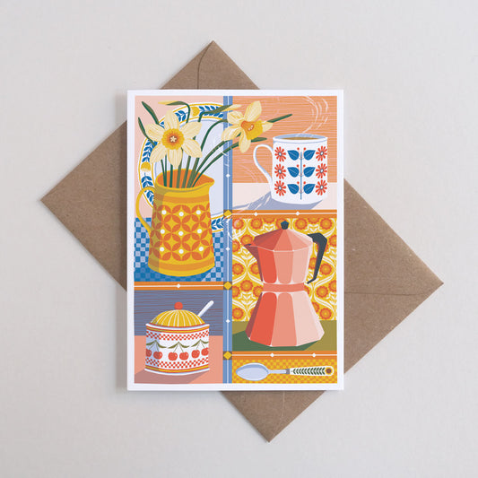 Printer Johnson, Vicki Johnson | Coffee & daffodil, Greeting Card